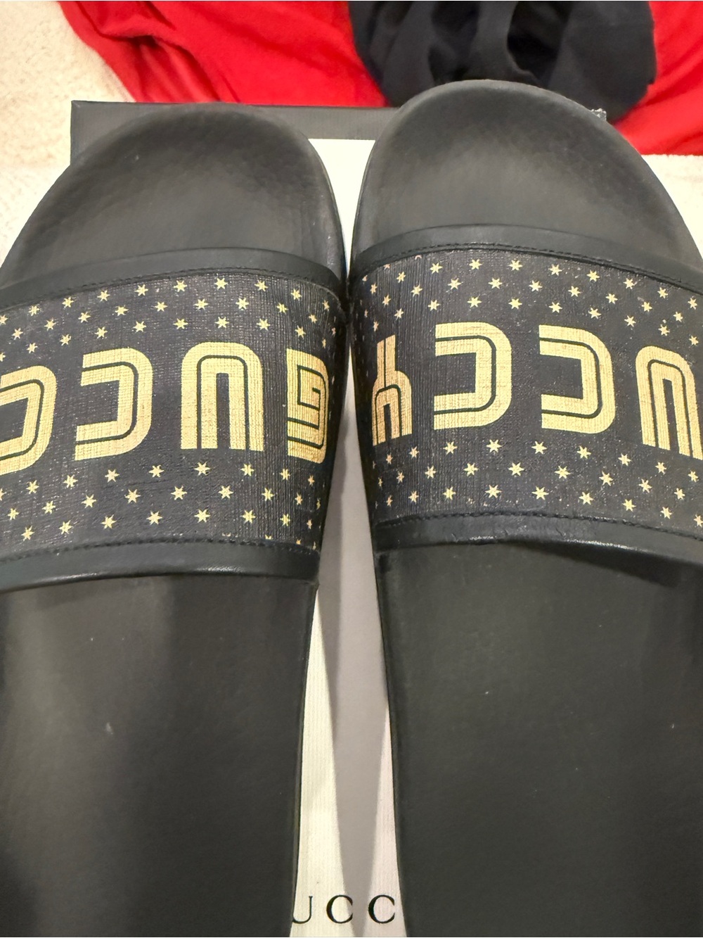 Gucci Black Slides with Gold Logo Stars - Picture 6 of 6